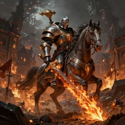 a chaos warrior with a flaming sword in a dark valley,  a chaos knight in a burning village riding on an armored horese, artstation hall of fame gallery, editors choice, #1 digital painting of all time, most beautiful image ever created, emotionally evocative, greatest art ever made, lifetime achievement magnum opus masterpiece, the most amazing breathtaking image with the deepest message ever painted, a thing of beauty beyond imagination or words