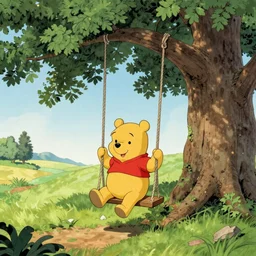 winnie the pooh sitting on a swing by a large oak tree, beautiful landscape, vivid colors, by bill watterson