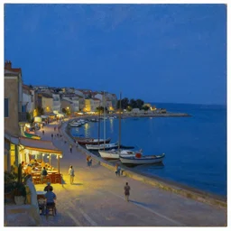 big beautiful painting of a european port at night, calm sea, clear sky, boats, cafes at the beach road, people, oil on canvas, naturalism