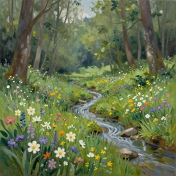 beautiful forest flower meadow with a stream landscape painted by Alex Grey