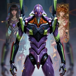 beautiful full length movie poster for End of Evangelion unit 01 as a glowing mechanic god, like blackpink lisa+smoky eyes+front face l, ultradetail face, art and illustration by tian zi and craig mullins and WLOP and alphonse mucha, fantasy, intricate complexity, human structure, human anatomy, fantasy character concept, watermark, blurry, hyperrealism 8k