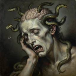 a painting of a decapitated sobbing man's withered face with biting serpents swarming out of his brain, a surrealist painting, polycount, surrealism, surrealist, lovecraftian, cosmic horror