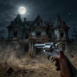fps view, horror video game, revolver, abandoned destroyed manor, night, moon light, dust particles, dirt, cobwebs, rust, wind, broken windows, wind, hyperdetailed, artstation, cgsociety, 8 k