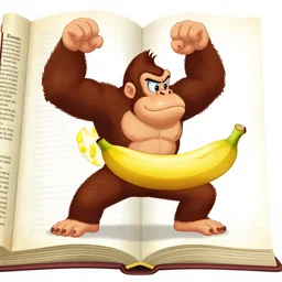 Donkey Kong slips on a banana with a bunch on his arms, medieval text book art