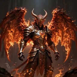 demon with fiery wings wearing armor, grimdark, digital art, detailed