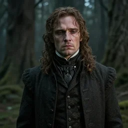 an ultra realistic, cinematic, fantasy, portrait, of a sad man / ork, lord of the rings, soft light, facial features, stood in a forest, with victorian clothing, detailed, deep focus, movie still, dramatic lighting, ray tracing, by michal karcz and yoshitaka amano