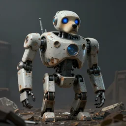A rundown large Dog robot, uncaring, bleak tone, post apocalyptic, Nuttavut Baiphowongse, Mark Armstron, amad, rendered by octane, 8k, ultra 8k, hyper realistic, photorealistic, photo