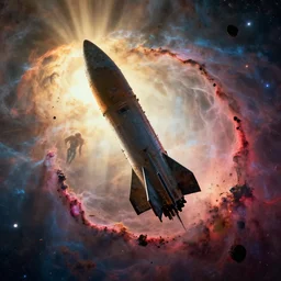 a derelict rocket floating on the edge of a vibrant nebula!, debris, silhouette, close up, crepuscular rays, dramatic lighting, a strange alien being is floating in the wreckage!, cinematic, science fiction, octane render 4 k