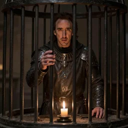 nicholas cage inside of a cage, medieval, high contrast, highly detailed, candlelight