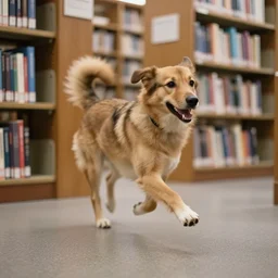Running dog in a library, in motion blur, Sigma 24 mm f/8, 1/10 sec.