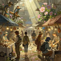 detailed illustration of a bazaar, ecopunk aesthetic, anthropomorphic characters, busy, bustling, customers and merchant stands, god rays, bloom, by bouguereau, by ruan jia, by conrad roset, by yoshitaka amano, cgsociety, artstation.