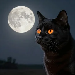 an Hyper realistic artwork of a black cat with orange eyes looking at the white moon by Jason de Graaf