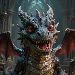 a beautiful portrait dragon of a smiling horror stories movie creatures, big eyes, tooth, sharp focus, smooth, digital illustration, by mcbess, dore, by alexander mcqueen, trending on artstation, depth of field, detailed and intricate gothic environment, 8 k resolution, hyperrealistic, octane render