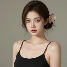 sexy girl with green eyes, flower in her hair, wearing a camisole, black and brown colors, in the style of and ilya kuvshinov and greg rutkowski, high quality anime artstyle, intricate