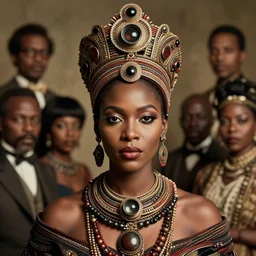 vintage portrait of a stunningly beautiful west african tribal queen female, depth of field, zeiss lens, detailed, symmetrical, centered, fashion photoshoot, by edward s curtis, Annie Leibovitz and Steve McCurry, David Lazar, Jimmy Nelsson, Breathtaking, 8k resolution, extremely detailed, beautiful, establishing shot, artistic, hyperrealistic, beautiful face, octane render