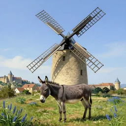 very long shot of a magnificent windmill, wild beautiful Donkey, spots of blue flowers nearby, medieval french landscape, Carcassonne, city of carcassonne in the background with only few houses by Stanley Artgerm Lau, WLOP, Rossdraws, frank frazetta, Andrei Riabovitchev, Marc Simonetti, tranding on artstation