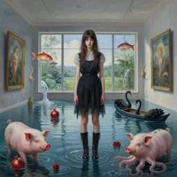 painting of a tall emo girl in a flooded art gallery, pigs, pomegranates, demonia boots, octopus, flooded, floating sculptures, luxury windows with view of nature, art on the walls, fish, zen, waterfall, black swans, canoe, berries, surrealist, by magritte and monet