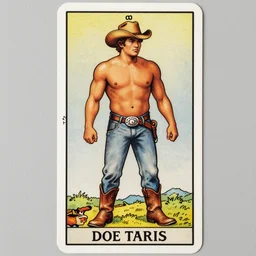 a beautiful tarot! card of a handsome shirtless cowboy wearing cowboy hat and boots with a beefy build and beer belly next to a campfire, homoerotic!, art deco!, art nouveau,  by Walter Crane, by Mark Maggiori, trending on artstation