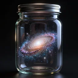 milky way galactic inside a glass jar, with a metal lid, black background, back light, intricate, highly detailed, volumetric lighting, hyper realistic, octane render 8 k, specular highlights, reflections, subsurface scattering, artstation, cgsociety, inspired by famous artists