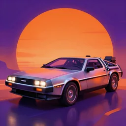 delorean car in the 80's. Retrowave. synthwave. orange purple.