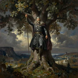 a painting of Odin hanging feom the world tree, by roberto ferri