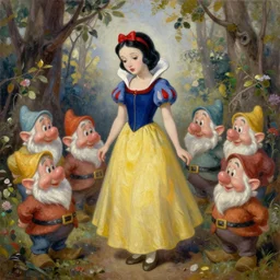 Snow white and seven dwarfs, oil painting, style of Zuzana Chalupova