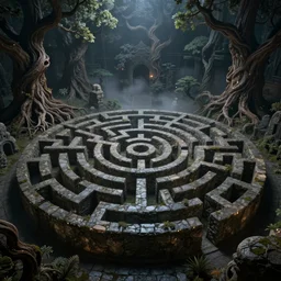 dense labyrinth maze of gnarled stone and trees, mist, night, volumetric lighting, 8 k octane beautifully detailed render, post - processing, extremely hyper - detailed, intricate, epic composition, cinematic lighting, intricate, trending on artstation, stunning art by anders zorn, wonderful masterpiece by frazetta