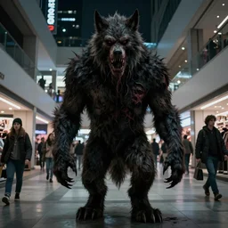 in the style of artgerm, rembrandt, rafael albuquerque, large hairy werewolf in a shopping mall at night, moody lighting, horror scary terror