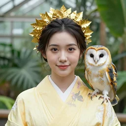 portrait photograph of an extremely beautiful!!!! young female , symmetric face!, symmetric round detailed eyes!!, slight smile, natural light, wearing a yellow kimono!! with a very detailed barn owl! on her right shoulder in a tropical greenhouse. looking at the camera!!. golden crown made of golden leaves. super resolution. Extremely detailed. Graflex camera!, bokeh!!!!!.