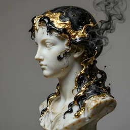 epic concept art. evangelion manga. abstract female face silhouette mixing with black and gold liquid fluid and smoke. bust sculpture. highly detailed. masterpiece by michelangelo. concept art, matte painting.