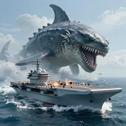 aircraft carrier attacked by a giant sea monster, epic, beautiful composition by greg rutkowski, artstation, sea battle scene, sea monster, ship, highly detailed