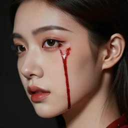 hyper realistic photo of a human head, blood oozing down the side