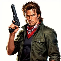 michael biehn as solid snake holding a gun and wearing a bandana and rocking a glorious mullet, medium shot, grainy, saturated, poster art, 1 9 8 7, by drew struzan