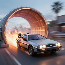 scene from back to the future, delorean driving fast, lightning, fire, driving through portal, motion blur