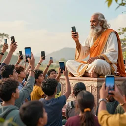 a crowd of young people sitting and holding clearly visible their cell phones in the air, on a podest there is a big guru with a big cellphone preying and talking to the crowds, they look up on him, fantasy style, 4 k, philosophical art, octan render