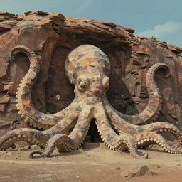 hyperrealist studio ghibli dull colors portrait from close encounters of the third kind 1 9 7 7 of two huge stone octopus statues swaying in a desert cliff bubble monument valley