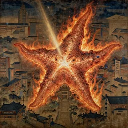 a goryeo era buddhist painting of a kaiju starfish creature, monster over cityscape, light burning through the painting, glitchy compression, mirror flare
