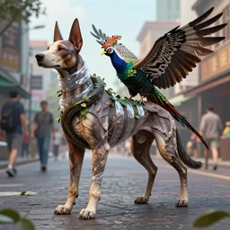 a photo of a high poly render of a complex creature in a busy street, muscles normal map creature made of doglike class aves skin veins merged anaconda, bump map strangled by plastic wrap bower bird creature wrinkles pheasant, ivy complex feathers exotic morphing hoopoe, zebra morphing wings king vulture head