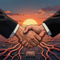 intricate illustration of a strong handshake and interlocking arms against a background of sillicon chip blood vessels sunset at sunset in the style of jean giraud cinematic
