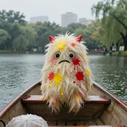 the pain is splattered on the sad monster's face on a rainy day in a boat on a pond in a city park, hints of red and yellow, fantasy, cycles render