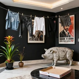 photograph of emo clothes drying in a luxury apartment, art supplies, propaganda poster, a large stone pig sculpture, ikebana, black walls, bromeliad, empty vegan pizza box