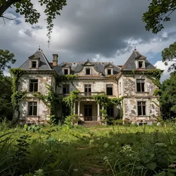 large dilapidated mansion, overgrown grass, hanging vines, broken down rustic