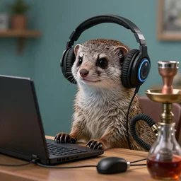 a cute mongoose! with headphones! working on a pc!, a hookah! on the desktop, funny, hyper realistic, insanely detailed, a in the style of'spitting image tv show '!