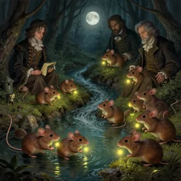a beautiful digital illustration painting of a detailed gothic fantasy secret creek mice drinking moon fireflies, by benoit b. mandelbrot, steven belledin, martin johnson heade, lee madgwick, caspar david friedrich, and david rios ferreira. 8 k resolution trending on artstation concept art digital illustration