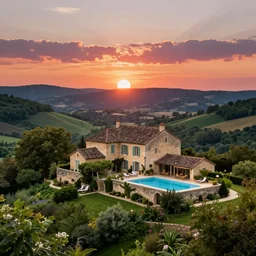 award winning photo of an ultra detailed high quality!! an old house with swimmingpool on the hills in the dordogne in france, beautiful colorful sunset. summer. highly detailed, highly intricate, depth of field, beautiful landscape, award winning
