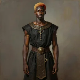 a professionally painted full body african male model , clothed in ancient gothic street wear, dark skin, reddish gold hair, beautiful bone structure, symmetrical features, beautiful, intricate, elegant, digital painting, smooth, sharp focus, illustration, no cropping, made by, Kara Walker, Jacob Lawrence, Sam Gilliam, Edmonia Lewis,