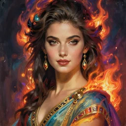 portrait of an alluring glamour model in ancient garb fading into multicolored embers, painting by sargent and leyendecker, studio ghibli fantasy close - up shot asymmetrical intricate elegant matte painting illustration hearthstone, by greg rutkowski by greg tocchini by james gilleard