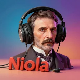Realistic miniature of the Nicola Tesla listening music with headphones, album cover, studio shot, Vibrant colors, Smooth gradients, cinematic, photograph