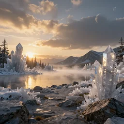 epic crystalline taiga with a lake, golden hour, misty ground, rocky ground, distant mountains, atmospheric perspective, altostratus clouds, planets, cinematic, 3 5 mm lens, photographic, octane render, cinematography by roger deakins, in the style of ansel adams