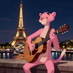 django reinhardt playing guitar, background paris at night in the style of the pink panther show, cartoon shading